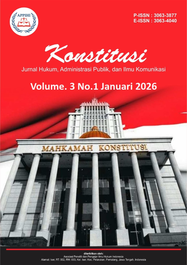					View Vol. 3 No. 1 (2026):  Januari : Konstitusi : Jurnal Hukum, Administrasi Publik, dan Ilmu Komunikasi
				